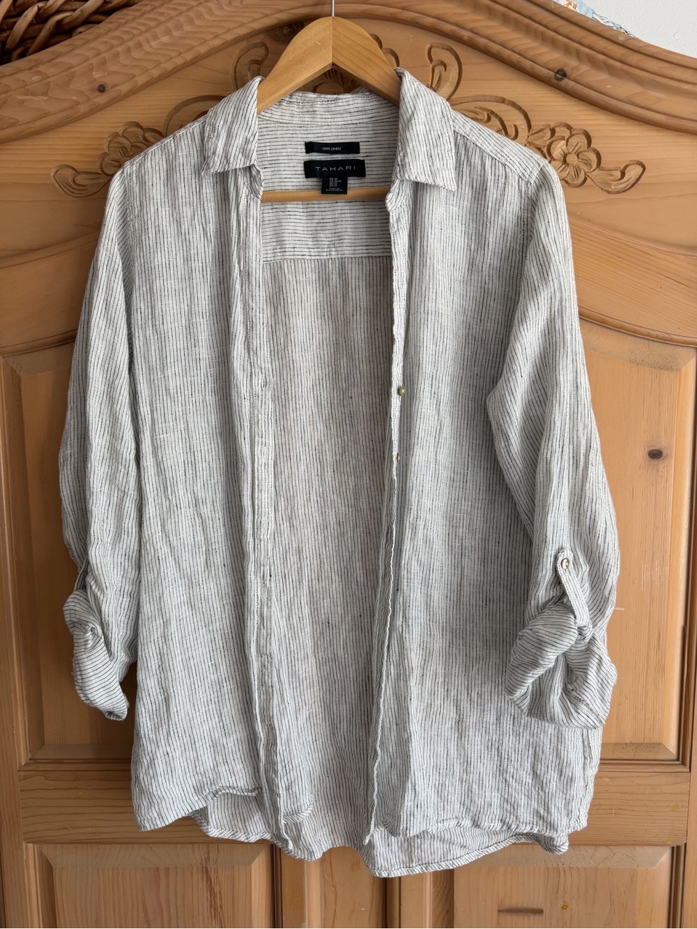 Tahari Light Gray Striped Linen-Blend Shirt
